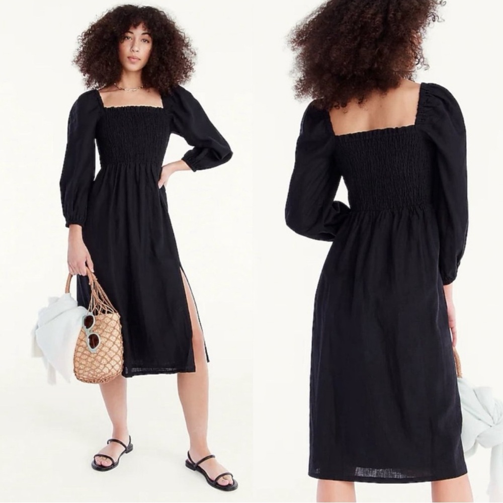 NWT J. Crew Linen Daydream Midi Smocked Dress Black‎ Medium